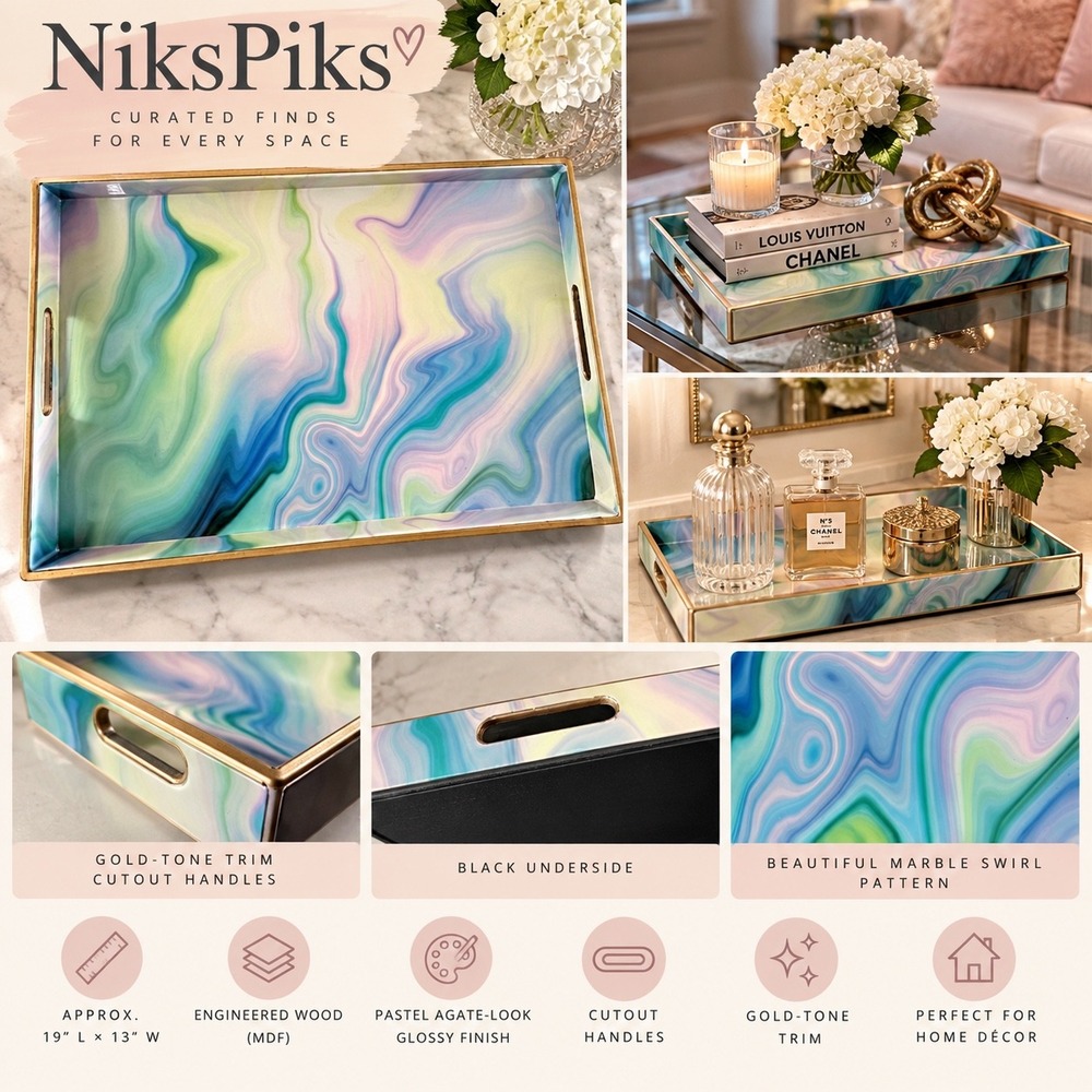 Pastel Agate Marble Swirl Serving Tray Gold Trim Handles 19" Glam Decor